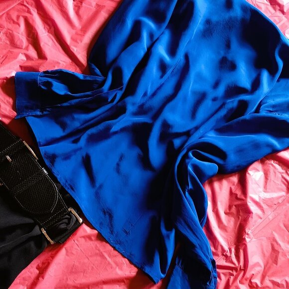 SILK SKIRT & TOP SET: VINTAGE CERULEAN BLOUSE, ASHLEY BLACK WRAPAROUND SKIRT - Picture 7 of 10